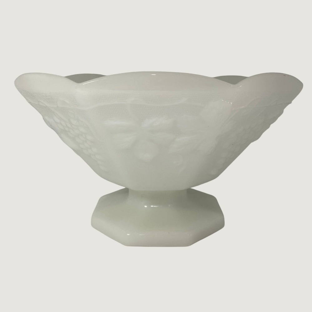 Vintage Large White Milk Glass Pedestal Fruit Bowl with Grape Pattern